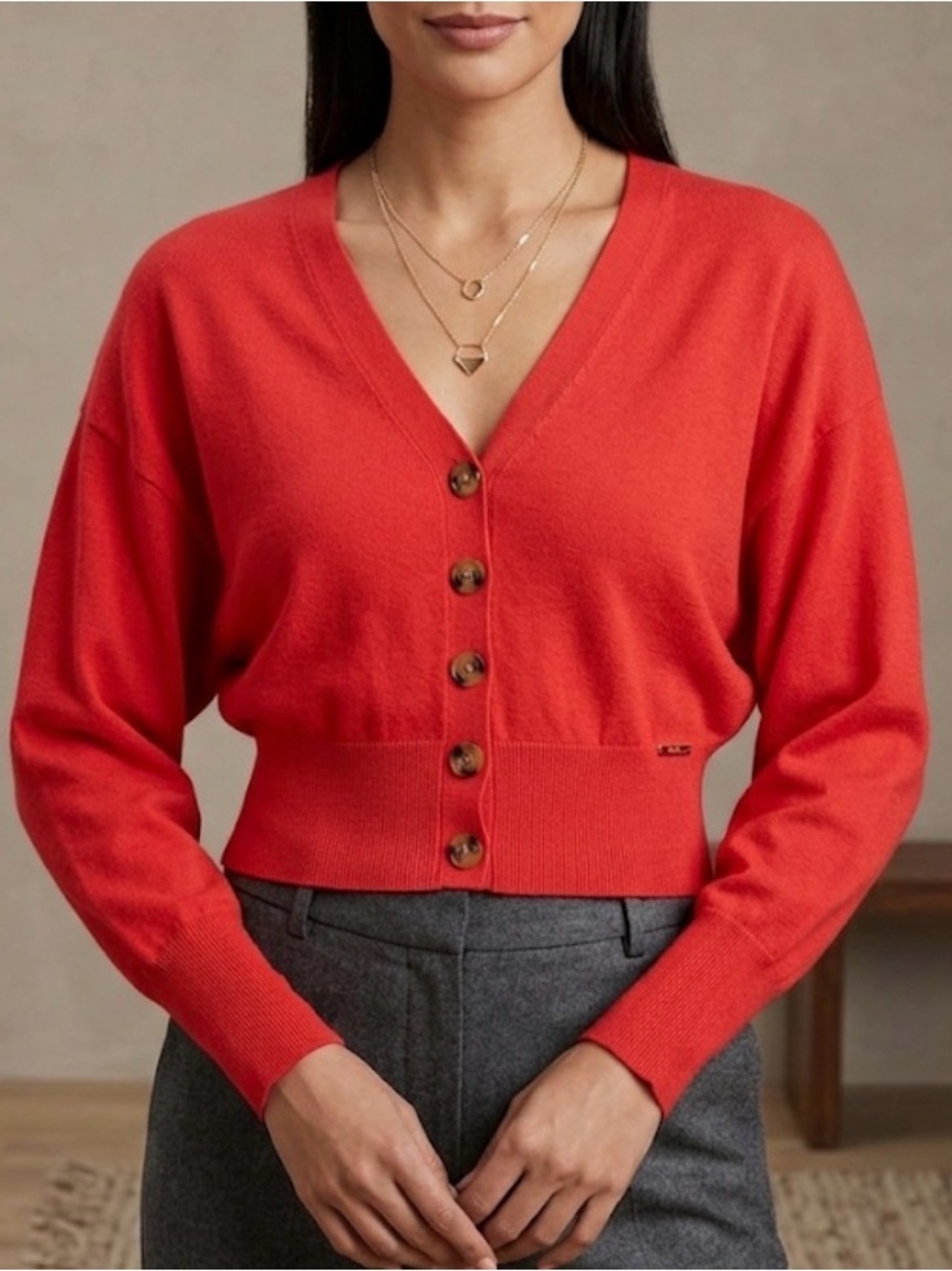 Elie Tahari Coral Pink Salmon Button Front Cropped Cardigan Sweater Small